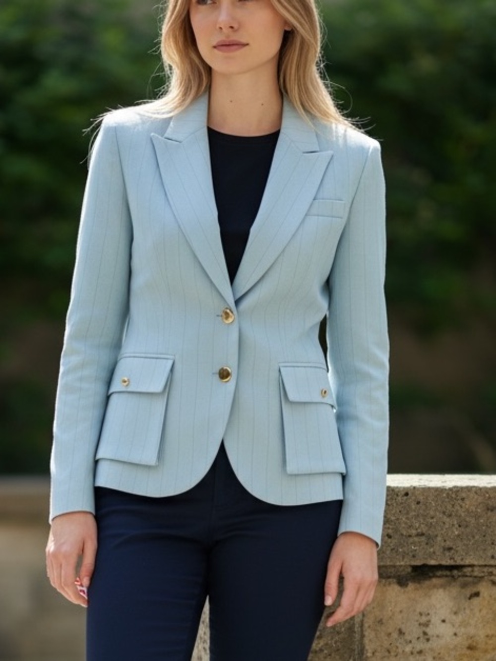 View Light Blue Pinstripe Tailored Blazer with Snap Closure Button